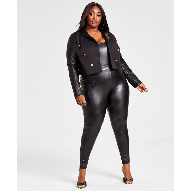 Plus Size Pleather Double-Breasted Cropped Blazer